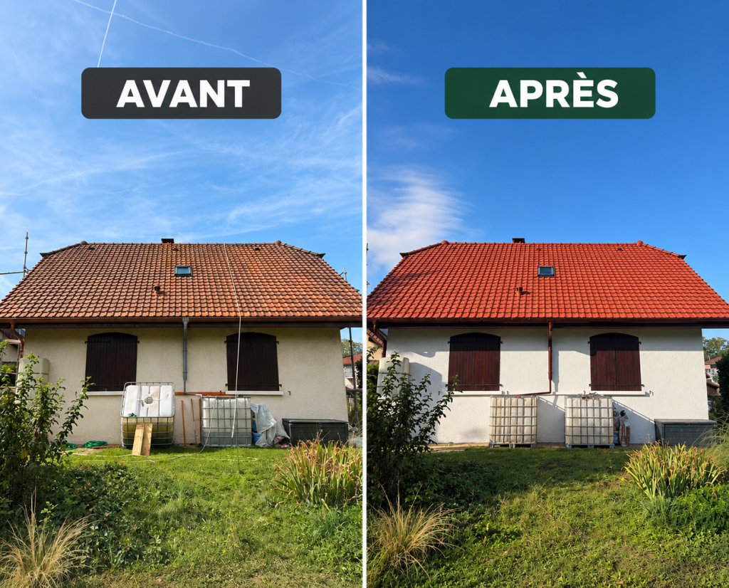 Avant / après : démoussage et peinture de toiture, rafraîchissement de façade en Haute-Savoie